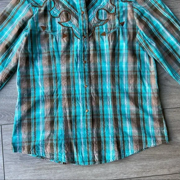 Life Style Green Plaid Western Shirt - Picture 13 of 13